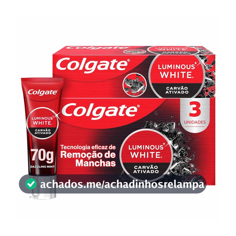 Colgate Luminous White Carvão Ativado Creme Dental Clareador, 3x70g