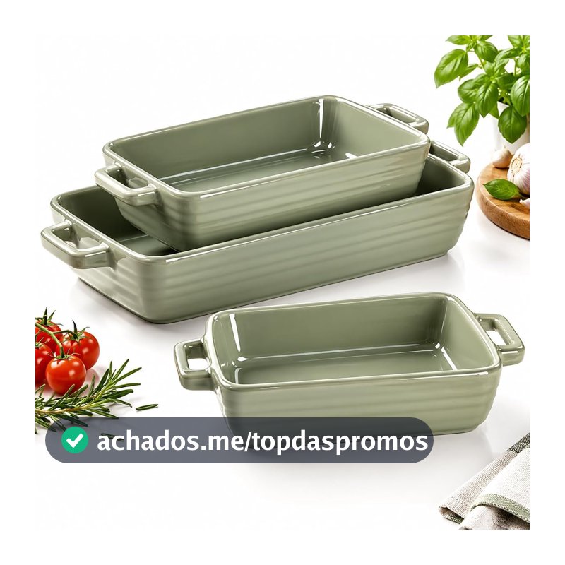 Conjunto 3 Assadeiras de Cerâmica Verde com Alças