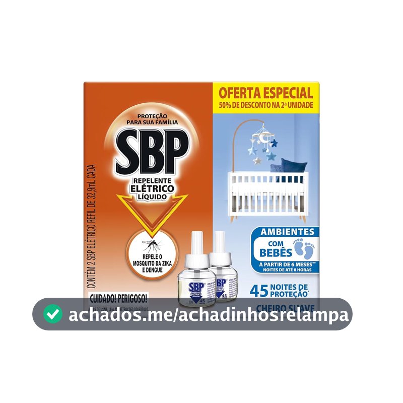 Repelente Elétrico Líquido SBP 45 Noites Cheiro Suave com 2 unidades de 32.9ml