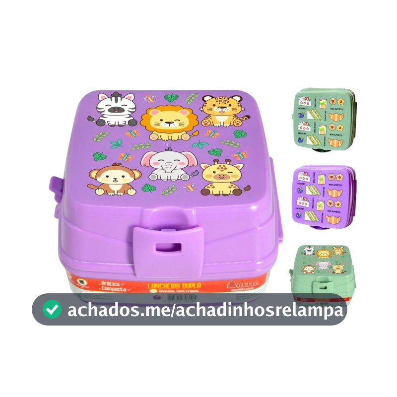 Lancheira Marmita Escolar Divertida Infantil Com 4 Divisórias Meninos e Meninas C/ 2 Compartimentos (Lavanda/Animais)
