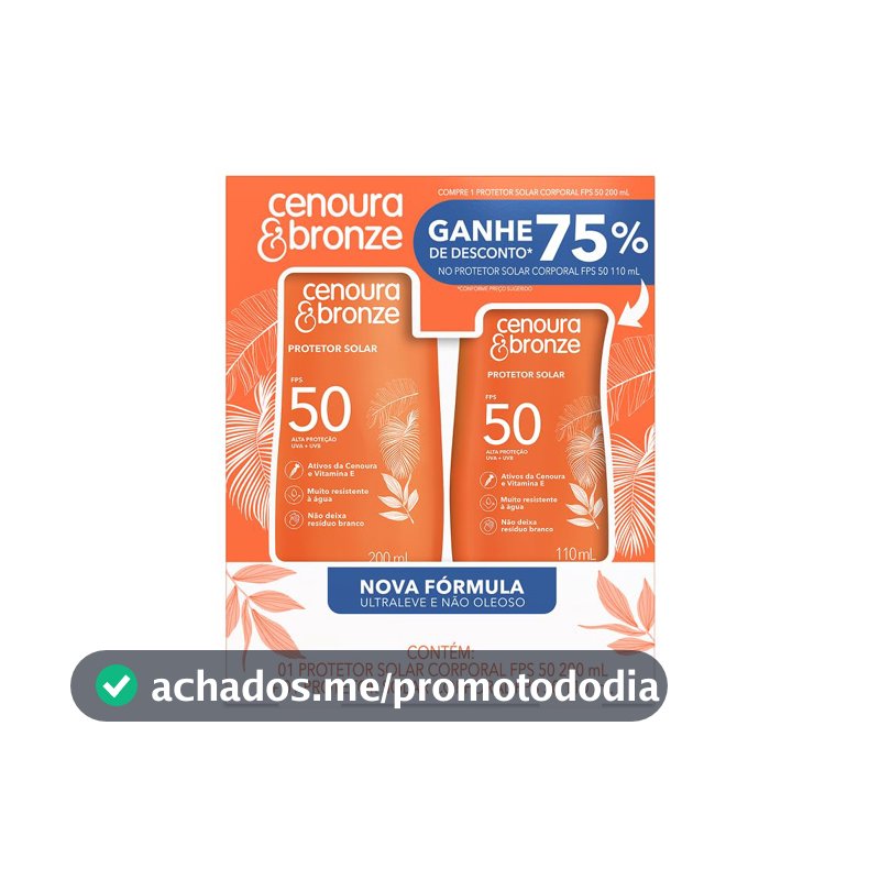 Protetor Solar Líquido Cenoura e Bronze, FPS 50, Kit com 2 Unidades
