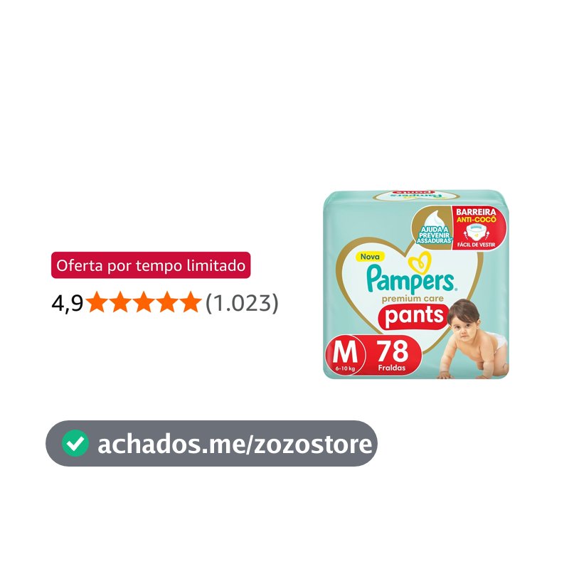 Fralda Pampers Premium Care Pants Tamanho M, Fácil de Vestir, 78 Unidades