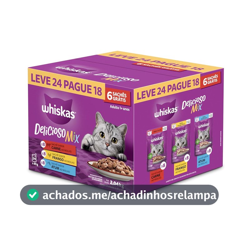 Pack Ração Úmida Whiskas Sachê Carne/Frango/Atum para Gatos Adultos - Leve 24 Pague 18