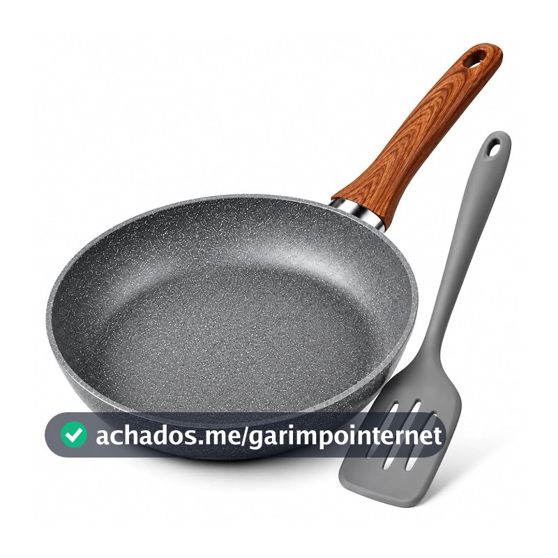 Frigideira Antiaderente 24 cm com Espátula Silicone, Revestimento Ceramico Granitado, Cabo com Efeito Madeira, Fogão a Gás Indução Elétrico, Ovos, Carnes, Legumes, Refeições do Dia a Dia