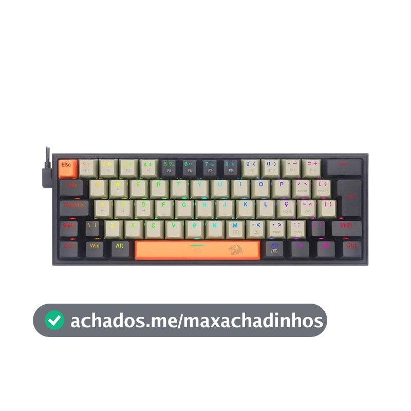 Teclado Mecânico Gamer Redragon Fizz 60% RGB Switch Marrom ABNT2 Laranja Cinza Preto K617RGB-OG GY BK