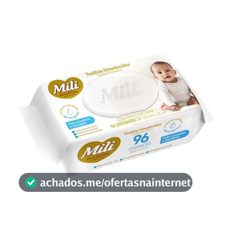 Mili Toalhas Umedecidas Love & Care Premium, Para Bebê, Com Aloe Vera e Calêndula, Dermatologicamente Testadas, 96 Unidades