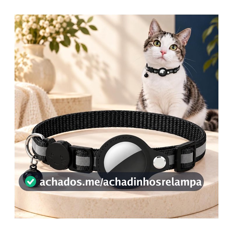 Coleira Pet Gato Suporte Para Rastreador Nylon Refletiva Com Sino - DAZZELI (PRETO)
