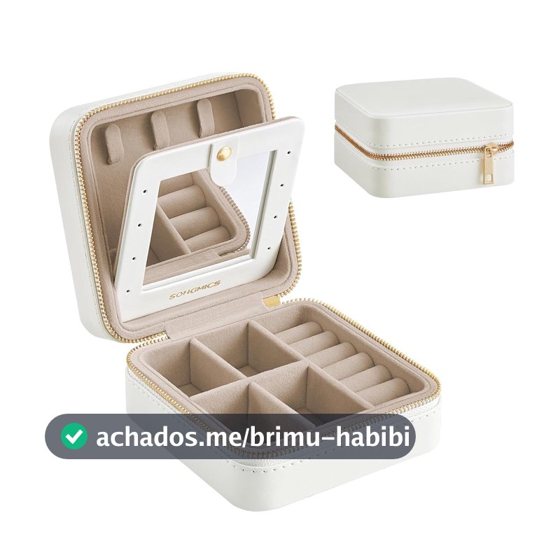 SONGMICS Caixa de Joias de Viagem 11,4 x 11,4 x 5,5 cm com Espelho Interno, Estojo de Joias em Couro PU para Mulheres, Organizador Pequeno, Portátil, Ideia de Presente, Branco Nuvem BRJBC146BEV2
