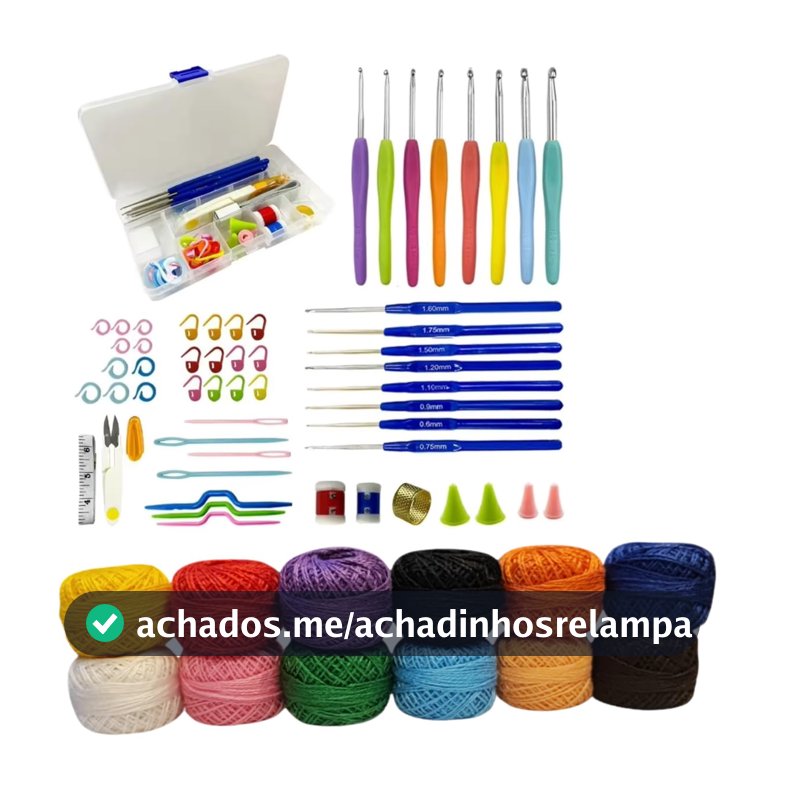 Kit Crochê 65 Peças com 16 Agulhas Ergonômicas, Linhas e Estojo Artesanato