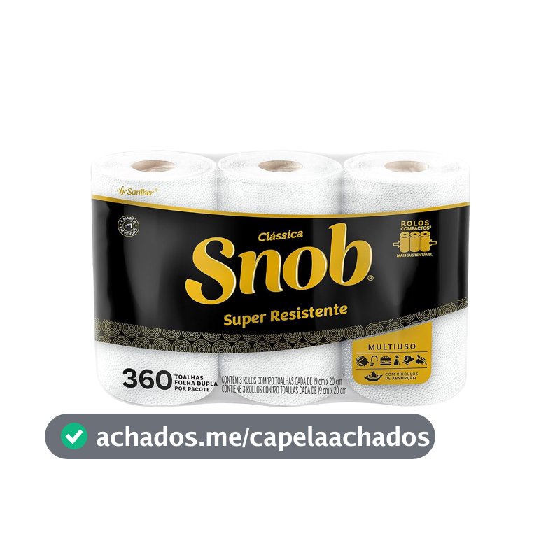 Snob Papel toalha multiuso folha dupla branca hiper 360fls, 3 rolos