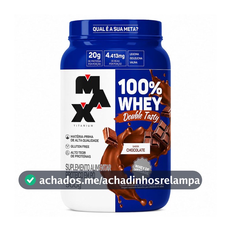 Max Titanium 100% Whey Double Tasty, Sabor Chocolate, 20g de Proteína por Porção, 4.413mg de BCAA, Sem Glúten, 900g