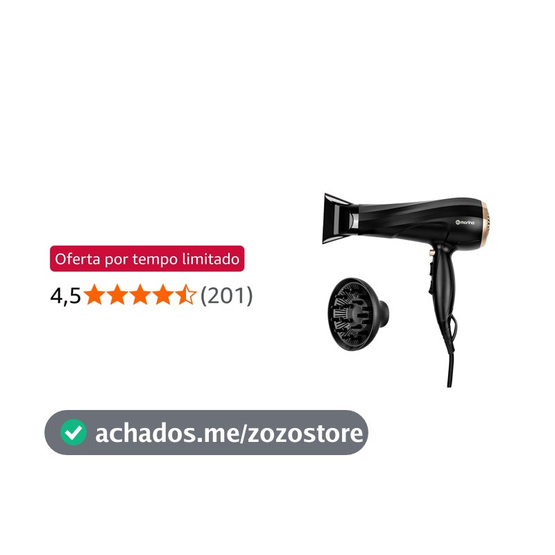 Secador de Cabelo, 1900W, 127V, Equipado com Concentrador de Ar e Difusor, Plugue de Energia de 16A