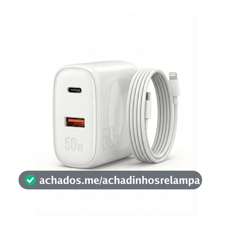 Carregador 50W + Cabo Compatível i.Phone, i.Phone X Xr 8 11 12 13 14 Plus Pro Max i.Pad, Carregamento Ultra Rapido, Fonte USB-C, Carga Rápida, Produto Homologado Anatel