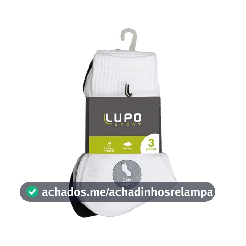 Lupo, Kit 3 Pares de Meias Esportivas, Cano Médio Preto 79% Algodão, Atoalhada com Calcanhar Verdadeiro (BR, Numérico, 41, 44, Regular, Regular, Branco/Preto/Cinza)