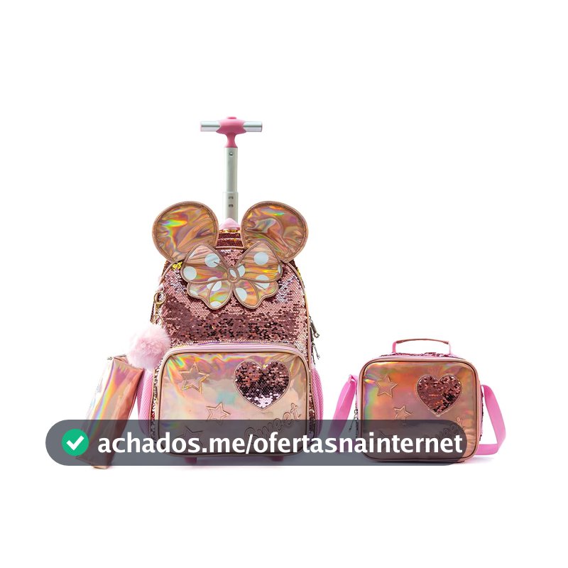 Mochilas de Rodinhas Infantis CUTBLAJAT - Kit Bolsa Feminina, Lancheira e Estojo, Rosa com Brilho Dourado e Detalhes de Borboleta e Coração