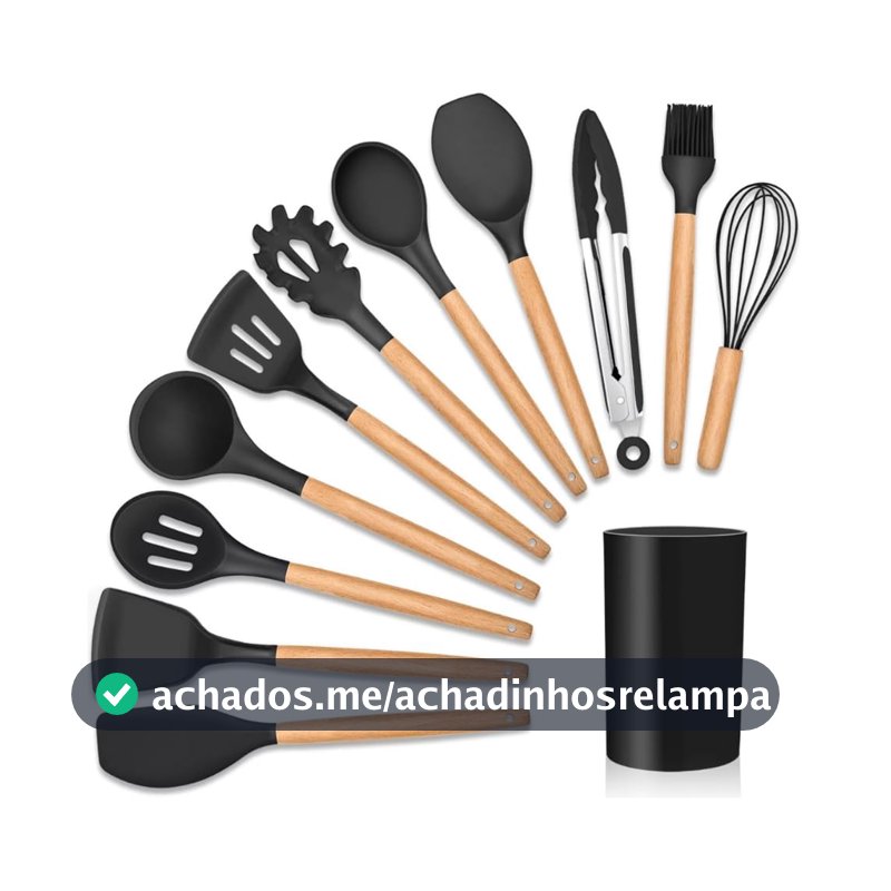 Kit 12 Utensílios De Cozinha Em Silicone E Cabo De Madeira Jogo De Utensílios Resistente ao Calor Antiaderente Premium GAXMARK