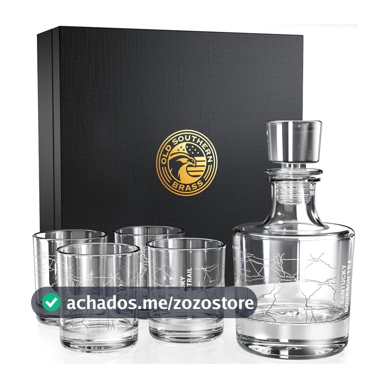 Conjunto de presente de vidro de uísque Kentucky Bourbon Trail Decanter – Conjunto de 5 peças – Caixa de presente premium – Copos feitos nos EUA
