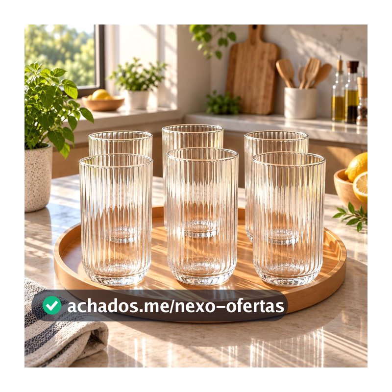 Kit 6 Jogo Copos de Vidro Canelado 420ml Transparente Luxo Mesa Posta Elegante - para Água Suco Drinks Refrigerantes Restaurante Bares e uso diário Vidro Grosso e Resistente Premium