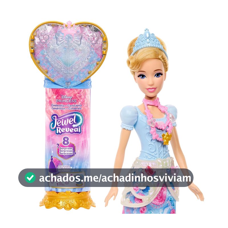 Disney Princesa Cinderela Jewel Reveal, Boneca Surpresa Com Joias E Acessórios Mágicos, Kit De Desbloqueio Com Coração Azul E Caixa De Joias