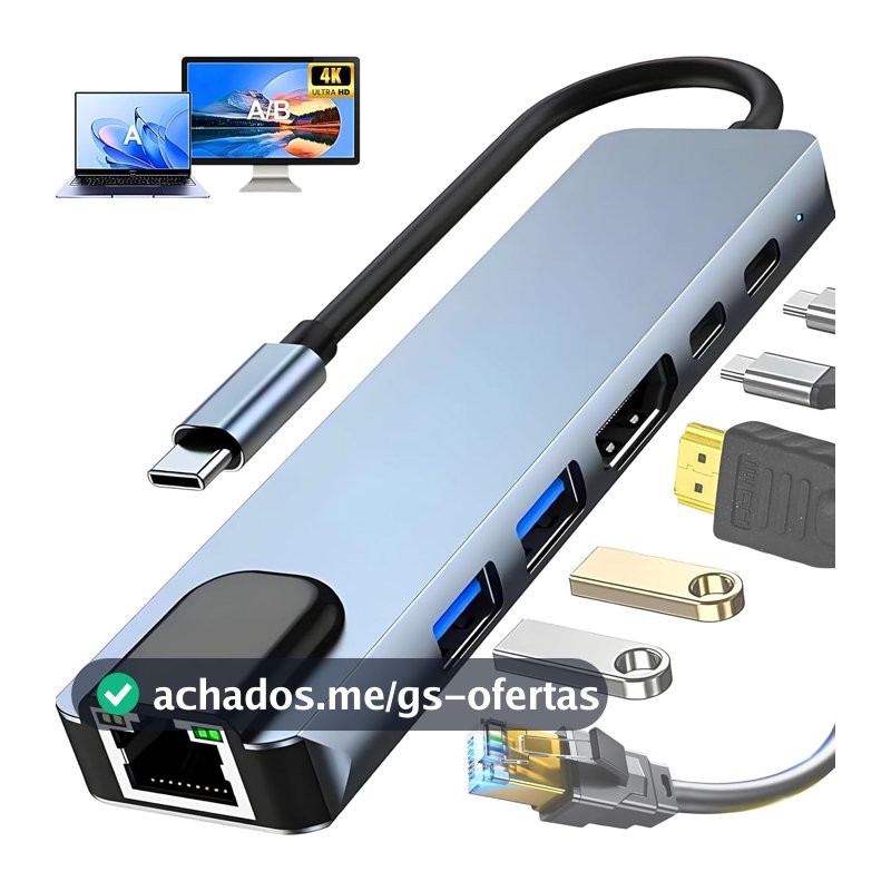 Oferta por tempo limitado: Hub USB-C 3.0 Extensor Adaptador Multifunções 6 em 1 - Estrutura Alumínio