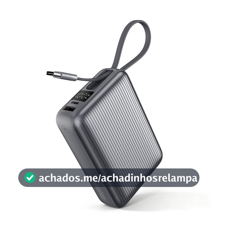 Basike Power Bank 20000mAh 45W, Cabo USB-C Integrado, Compacto, Cinza