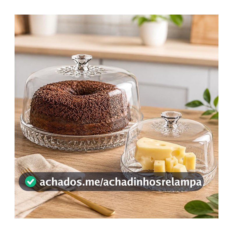 Kit Mesa 2 Peças Boleira e Queijeira em Acrílico Cristal Transparente com Tampa Sem Pé para Bolos, Tortas, Queijos e Frios (Incolor)