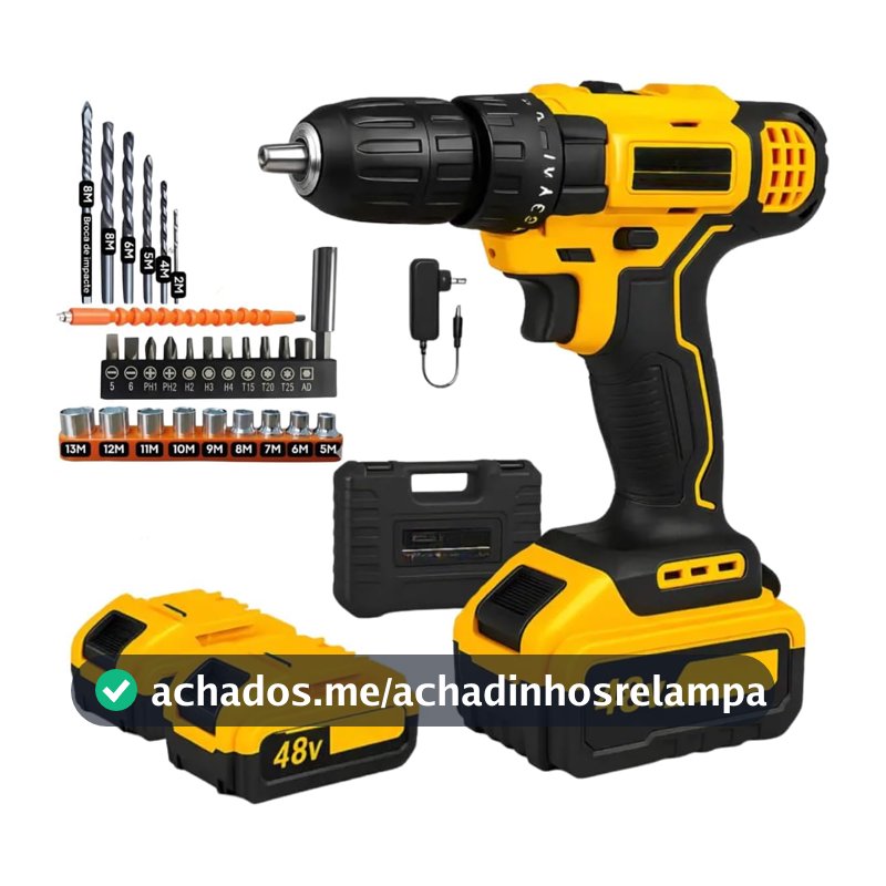 Parafusadeira Furadeira de Impacto Sem Fio 48V Com 2 Baterias Bivolt 32 Acessórios Maleta Completa Para Uso Profissional