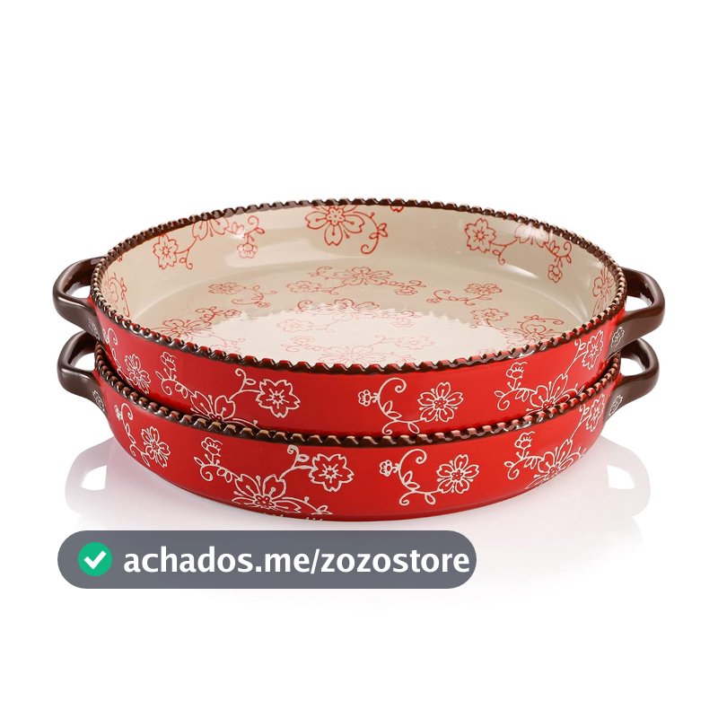 AVLA Pacote com 2 formas de torta de cerâmica, assadeira redonda de 22 cm com alça dupla, prato de quiche profundo de 828 ml para cozinha, cozinhar, assar lasanha (Sakura, vermelho)