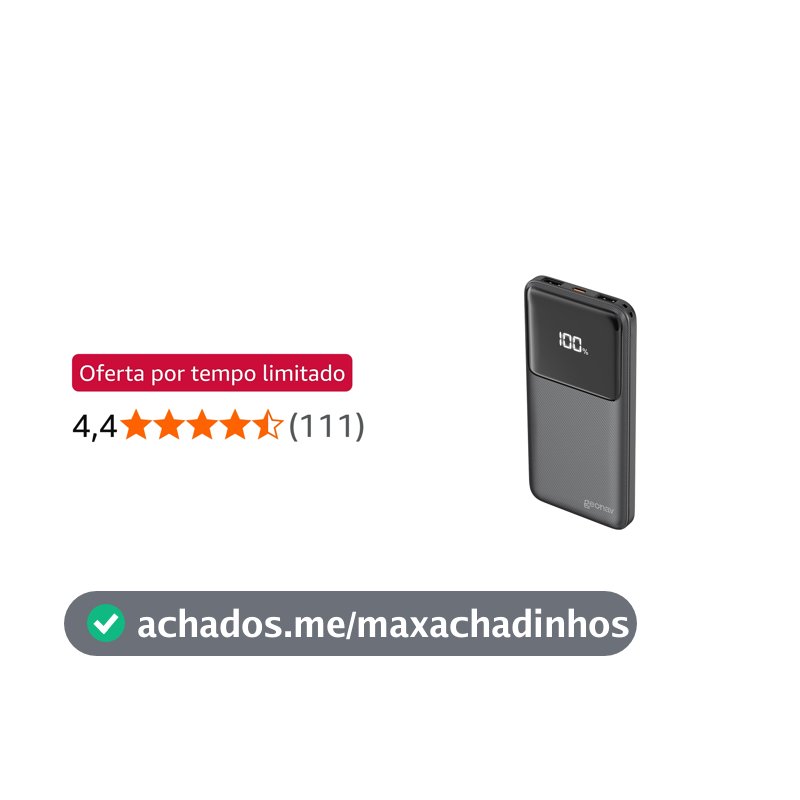 Geonav Power Bank, Carregador Portátil Universal 10.000mAh, Carga rápida, 2 saídas USB-A (até 18W quick charge) e 1 USB-C (até 20W Power Delivery), Led Indicador de Bateria, PB10K20W1PBK, Preto