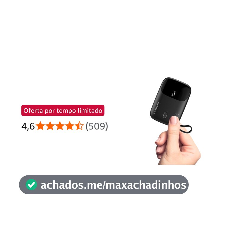 Carregador Portátil 10000mAh com Display LED, Mini Power Bank Rápido 22.5W com PD 3.0 e QC 3.0, USB-C Leve e Compatível com iPhone 16/15/14/13/12/11 e Samsung, Preto