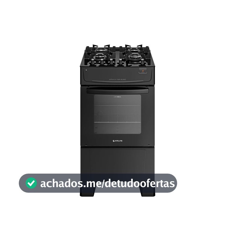 Fogão Atlas 4 Bocas preto Mônaco Top Glass com Acendimento automático - Bivolt