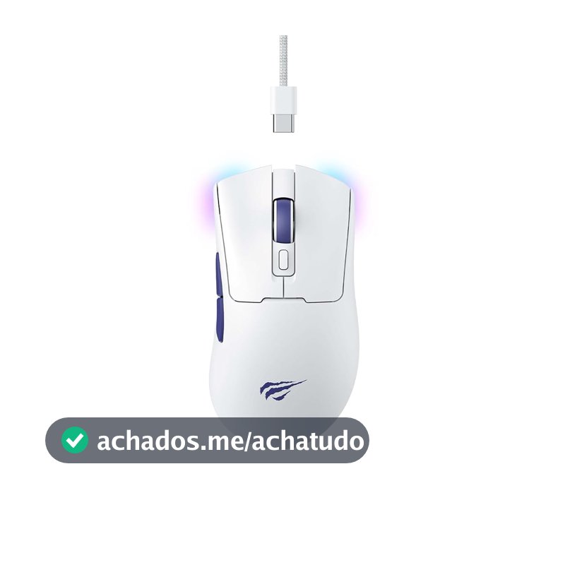 Havit Mouse Gamer Quad-Mode MS966WB White, Sem Fio e Com Fio, USB, Bluetooth, Wireless 2.4GHz (USB-A e USB-C), RGB, 7 Botões, 800-1600-2400-3200-6000-10000 DPI, Branco