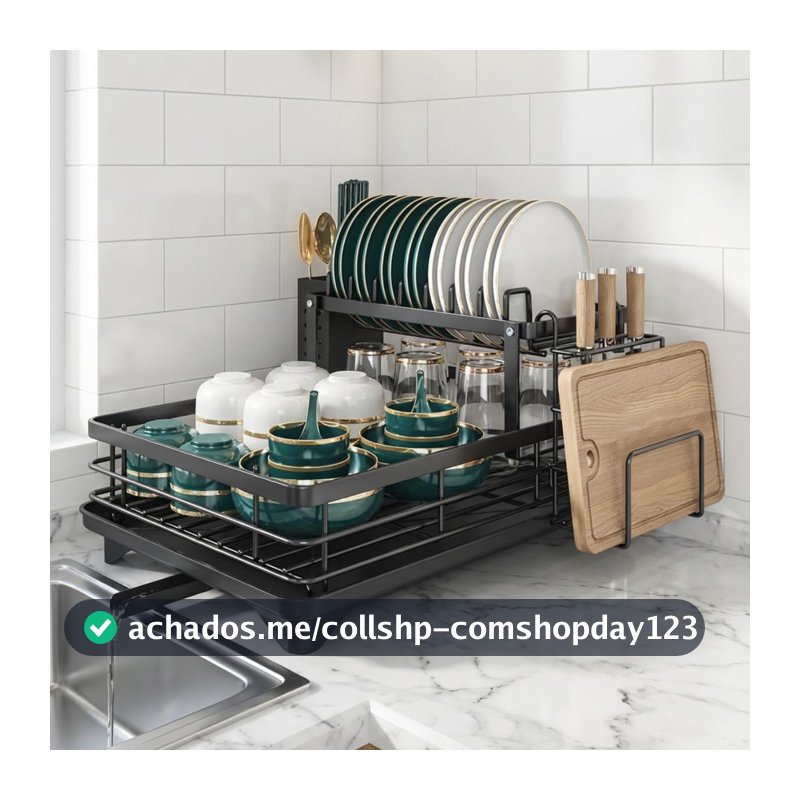 Escorredor de Louças 2 Andares Aço com Revestimento Inoxidavel com Porta Talher, Porta Tabua, Suporte Para Copos, Bandeja e Drenagem Automatica 360°, Preto - Hiper Casa Megastore