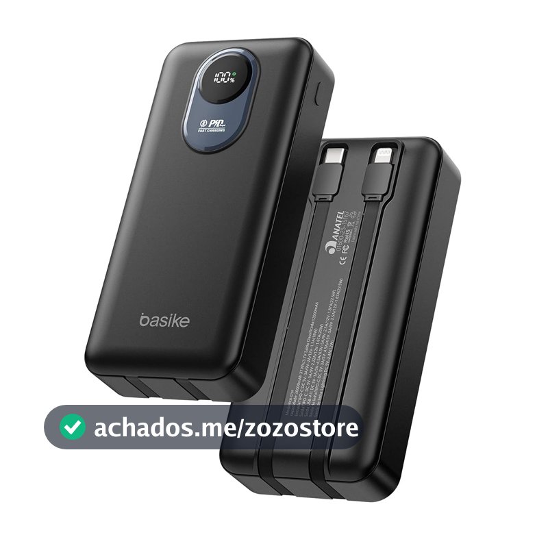 Basike Power Bank 20000mAh, Carregador Portátil, 2 Cabos Integrados (Preto)