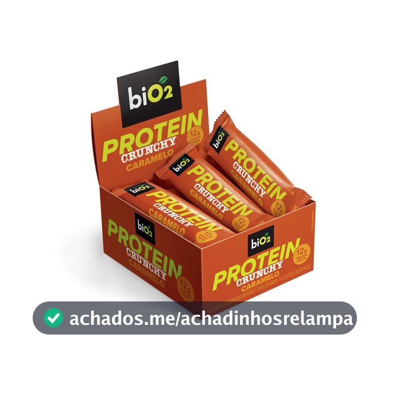 Barra de Proteína Crocante biO2 Protein Crunchy Caramelo, Caixa com 9 unidades de 50 g, Vegana e sem Glúten