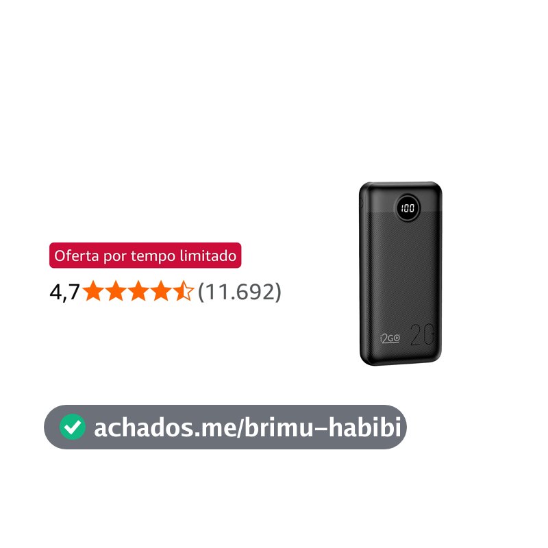I2GO, Carregador Portátil (Power Bank) Ultra Rápido 20000mAh, Power Delivery 20W, 2 Saídas USB + 1 Saída/Entrada USB-C, Preto, i2GO PRO