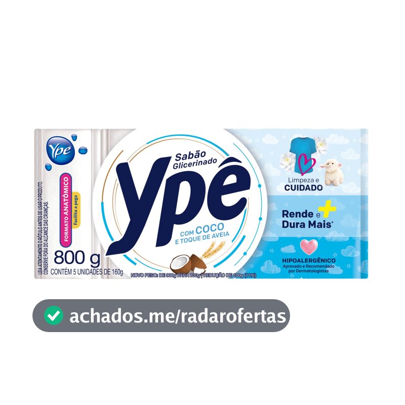 Ypê Sabão em Barra Glicerinado Coco e Toque de Aveia 800g - 5 Unidades de 160g