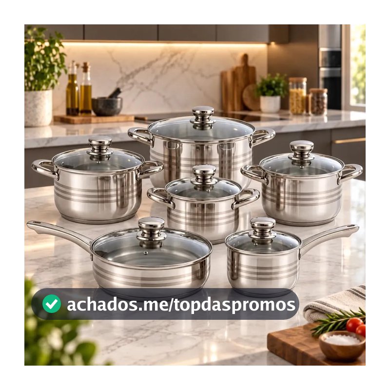 Jogo de Panelas Inox Premium Galya 7 Camadas Revestimento Interno e Externo Antiaderente 12 Peças