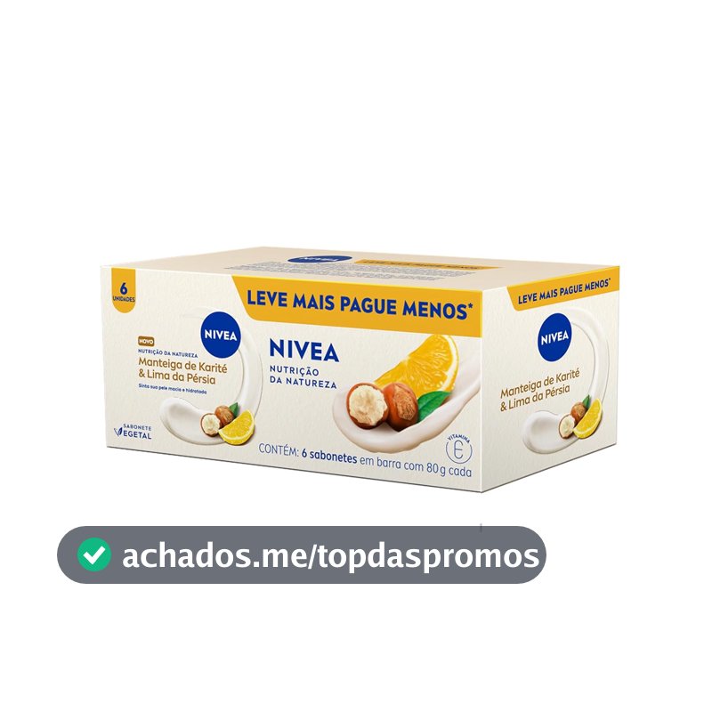 NIVEA Sabonete Vegetal Nutrição Da Natureza Manteiga De Karité & Lima Da Pérsia 80g (6 un.), Limpeza Delicada, Banho, Pele Macia e Hidratada, Fórmula Natural