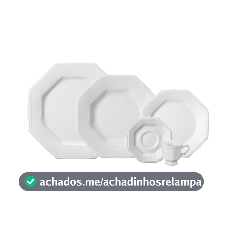 Serviço de Jantar e Chá em Porcelana, 20 Peças, Modelo Octogonal Prisma, Branco, Porcelana Schmidt