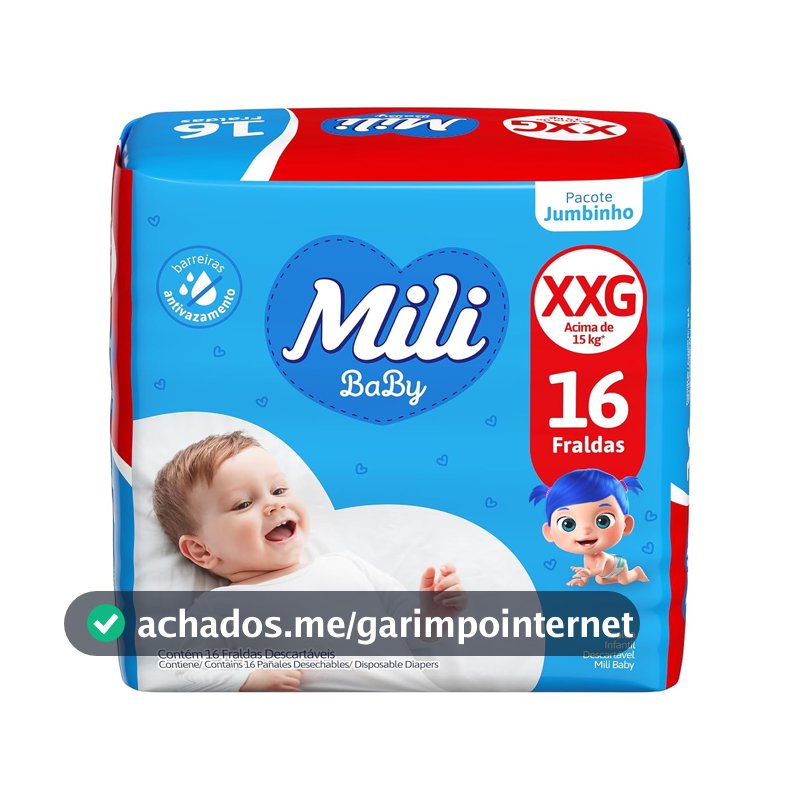 Mili Fralda Infantil Baby Tamanho XXG, Proteção Diária, Ajuste Confortável, Barreiras Antivazamento, 16 Unidades