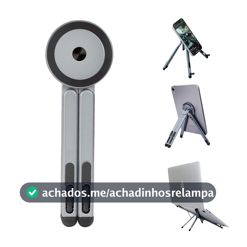 ZhaoCo Suporte magnético dobrável 3 em 1 para laptop, tablet e celular - suporte de liga de alumínio ajustável portátil e estável riser de mesa para Macbook, iPad, iPhone, Samsung - cinza