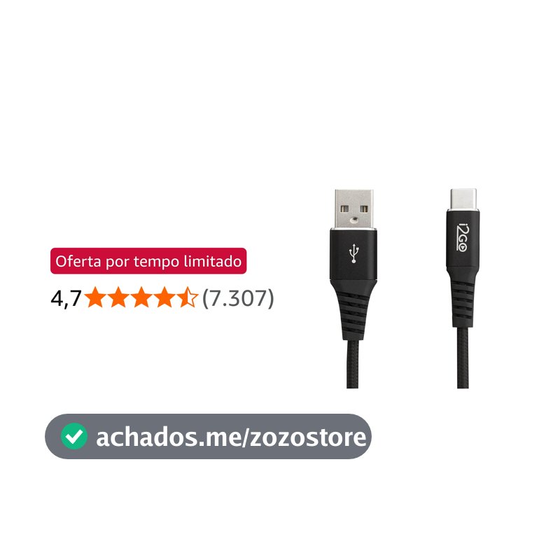 Cabo USB-C I2GO 2m 3A Nylon Trançado Preto - I2GO PRO