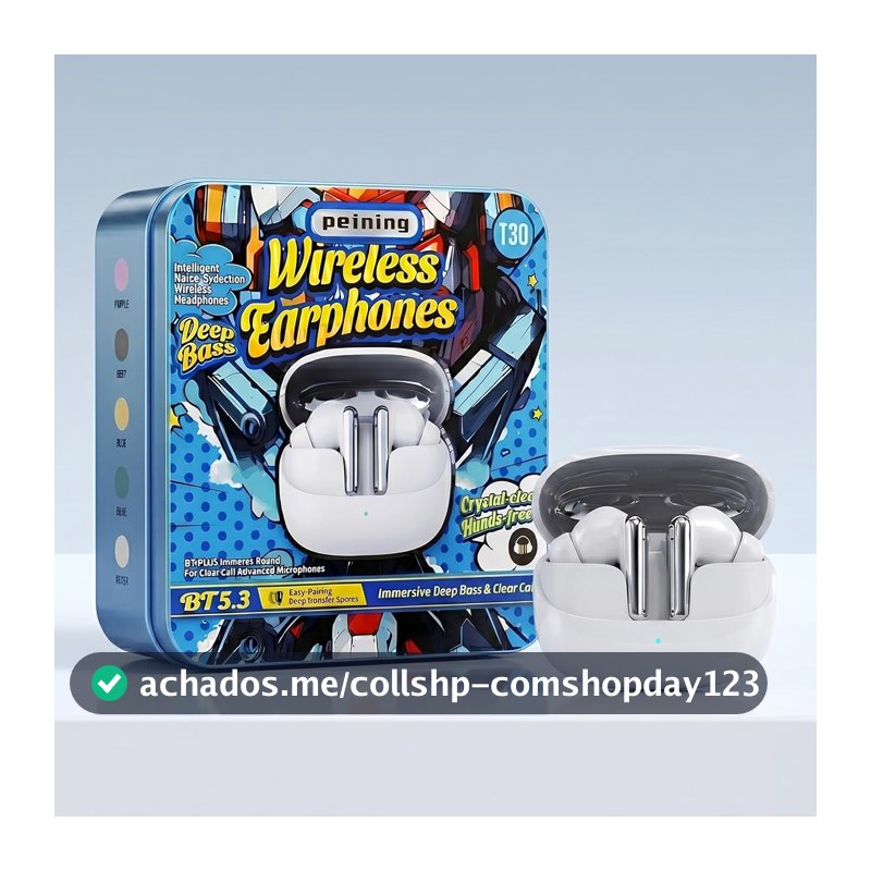 Fone Ouvido Bluetooth Deep Bass, Graves Fortes, Redução de Ruído, Bateria Longa Duração, Recarga Turbo, Microfone Integrado, Controle Touch, P/Android e iOS, Caixa Lata Premium (Branco)