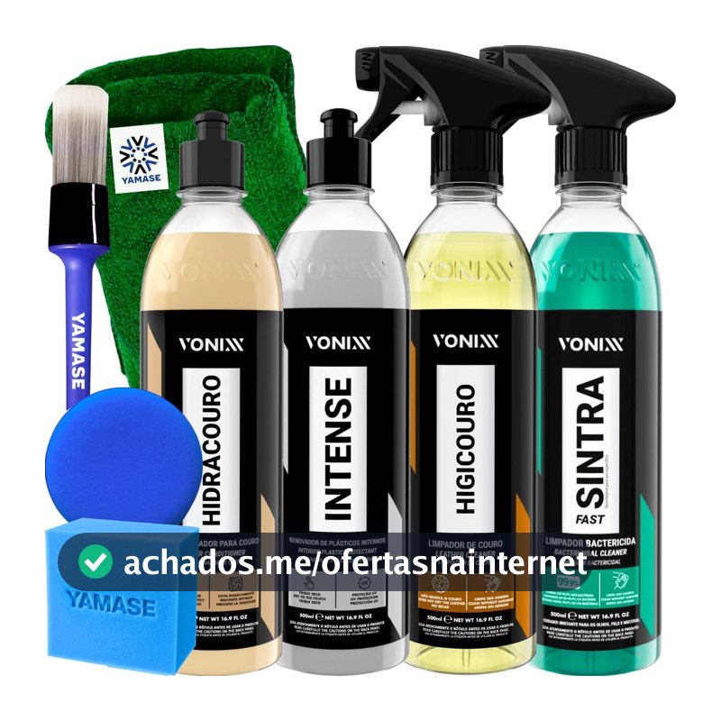 Kit Limpeza Interna Completa Hidratante Restaurador de Couro Hidracouro Limpa Couro Higicouro Limpador Bactericida Sintra Fast Revitalizador Plásticos Internos Intense 500ml Vonixx