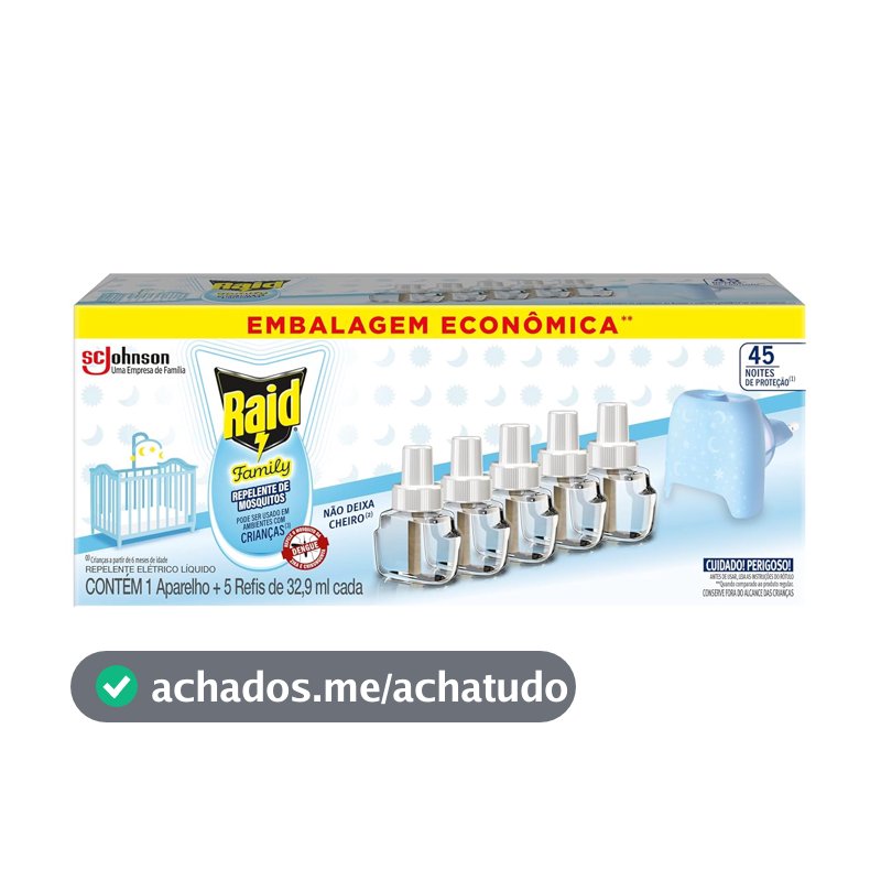 Repelente Elétrico Líquido Raid Family, 45 Noites, 32,9ml