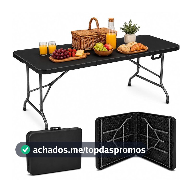 Mesa Dobrável Portátil Vira Maleta 180cm Reforçada até 150kg Camping Churrasco Jardim Sítio Compacta e Resistente MAAT BRAND (Preto)