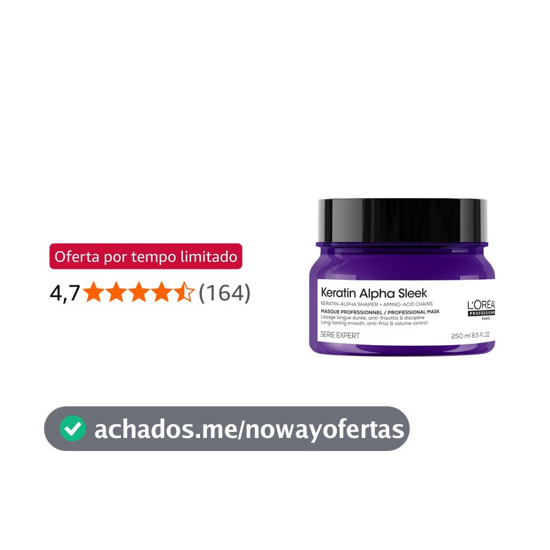 L'Oréal Professionnel Keratin Alpha Sleek Máscara capilar profissional l Nutre, remodela a alfa-queratina do cabelo l Fios alinhados, controle de frizz e volume l Maciez, hidratação e brilho l 250g