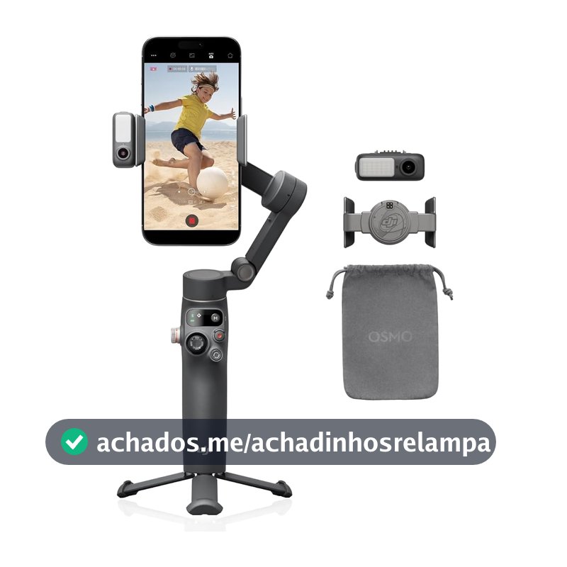 Osmo Mobile 8P Gimbal Estabilizador para iPhone e Android Controle Remoto, Rastreamento Nativo, Barra de Extensão e Tripé Integrados, Bateria de 10 h, Estabilização de 3 eixos, Rotação de 360°, Gimbal