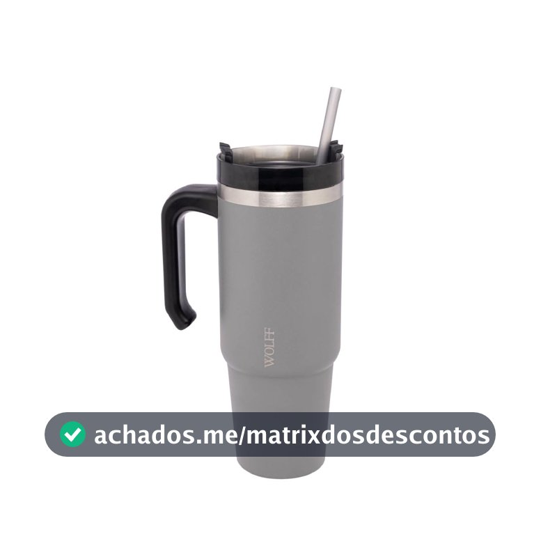 WOLFF Caneca Térmica Parede Dupla SlimTerm com Base Ergonômica e Canudo Cinza 890ml